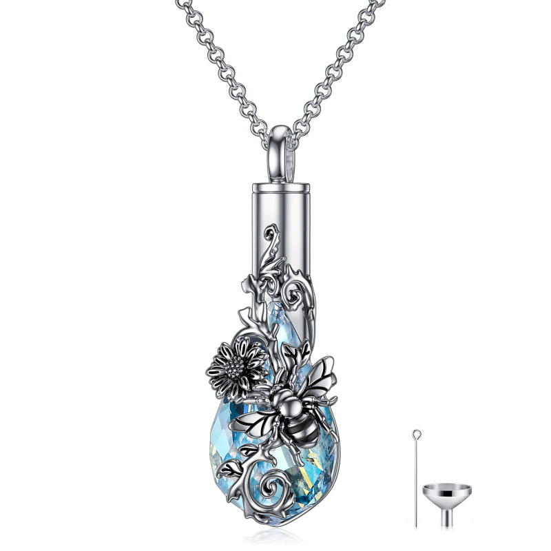 Collana con urna di girasole e ape in cristallo con goccia in argento sterling per ceneri-1