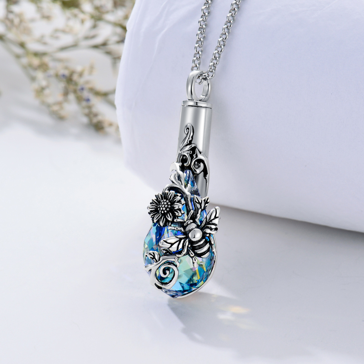 Sterling Silver Drop Crystal Bee & Sunflower Urn Necklace For Ashes-3