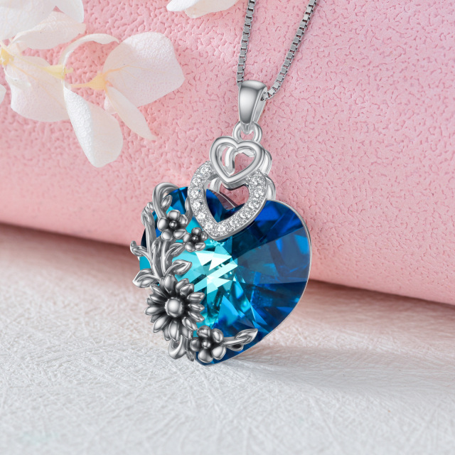 Sterling Silver Crystal Birth Flower & Heart Pendant Necklace-5