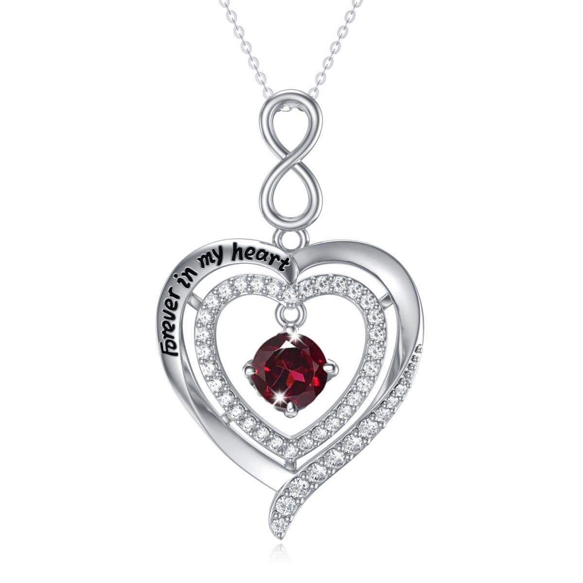 Sterling Silver Crystal Birthstone Heart With Heart Pendant Necklace with Engraved Word-1