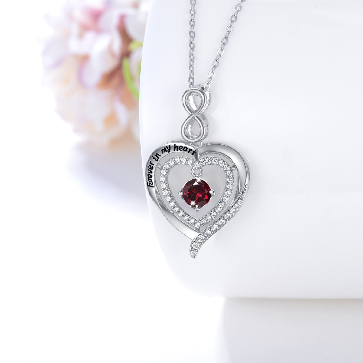 Collar con colgante de plata de ley con piedra de nacimiento y corazón con palabra grabada-2