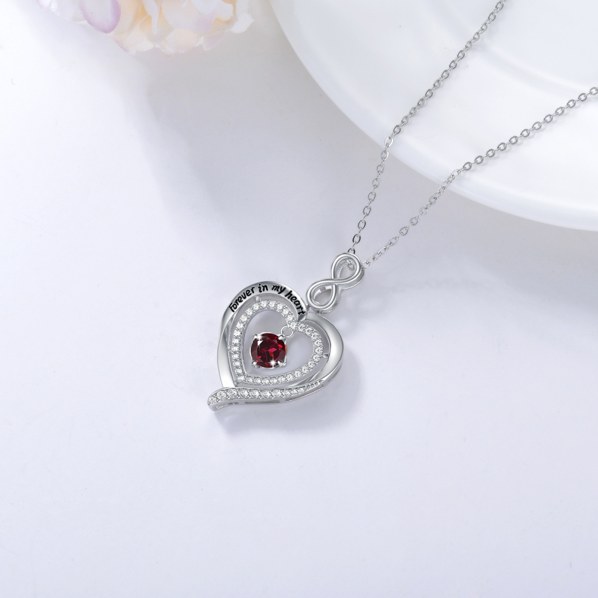 Collar con colgante de plata de ley con piedra de nacimiento y corazón con palabra grabada-3