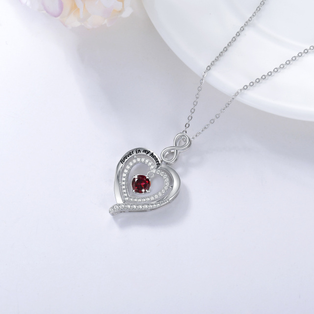 Sterling Silver Crystal Birthstone Heart With Heart Pendant Necklace with Engraved Word-3