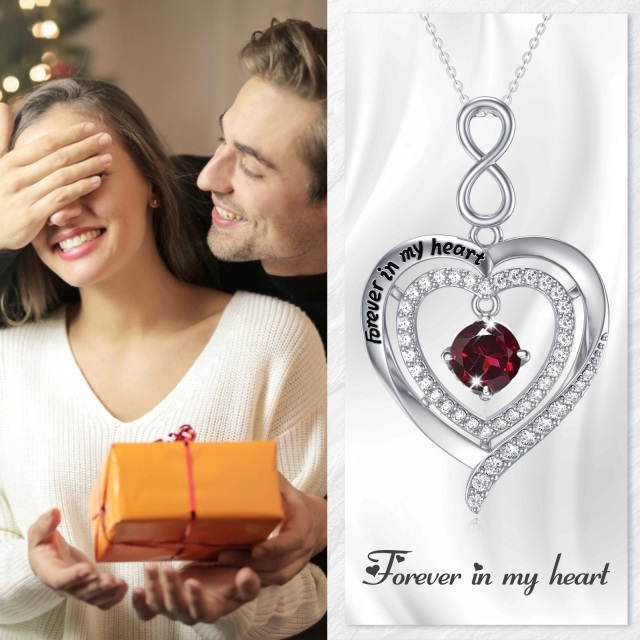 Sterling Silver Crystal Birthstone Heart With Heart Pendant Necklace with Engraved Word-6