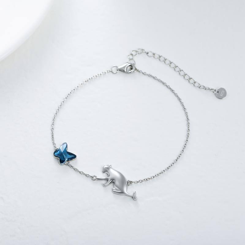 Sterling Silver Crystal Butterfly & Cat Pendant Bracelet-3