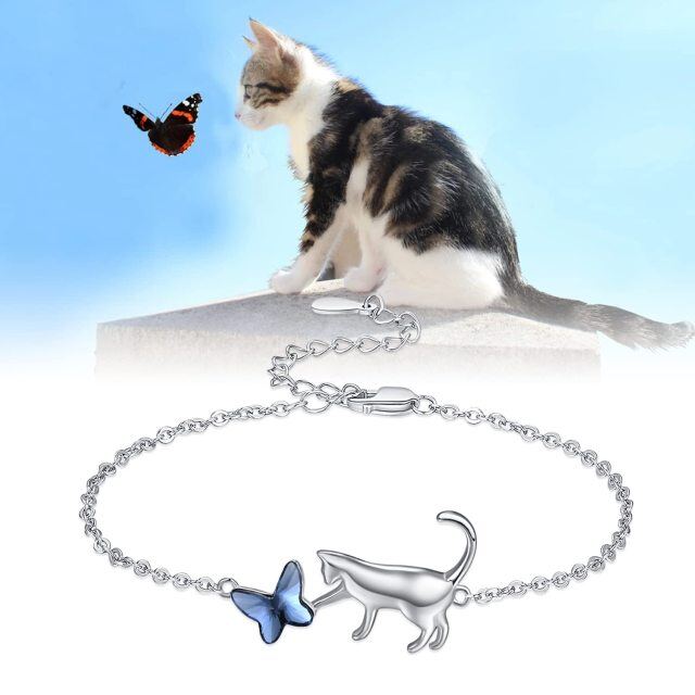 Bracciale con ciondolo a forma di farfalla e gatto in argento sterling-3