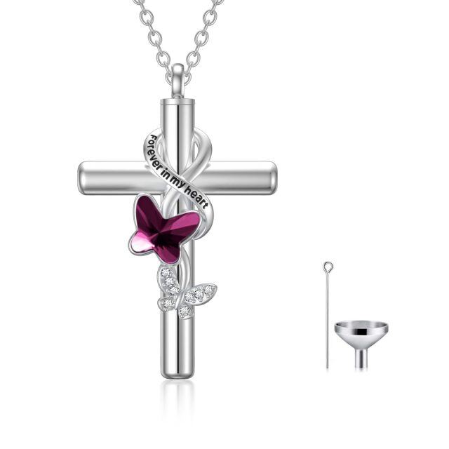 Collier d'urne en argent sterling avec papillon en cristal violet avec croix et symbole de l'infini pour cendres avec mot gravé pour femme meilleure amie