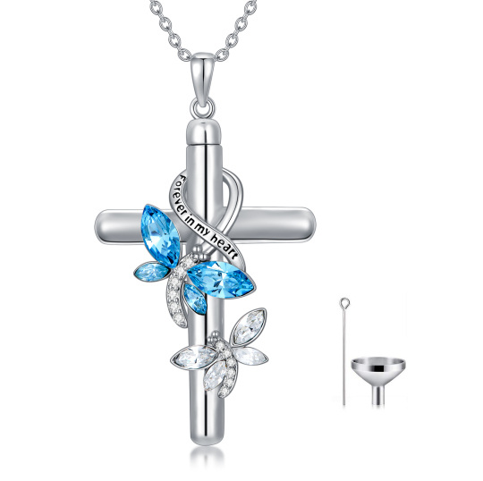 Sterling Silver Crystal Butterfly With Cross With Infinity Symbol Urn Necklace For Ashes With Engraved Word For Women Best Friend