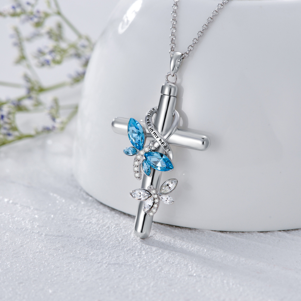Urnen-Halskette aus Sterlingsilber mit Kristall-Schmetterling und Kreuz mit Unendlichkeitssymbol für Asche mit eingraviertem Wort für die beste Freundin der Frau-3