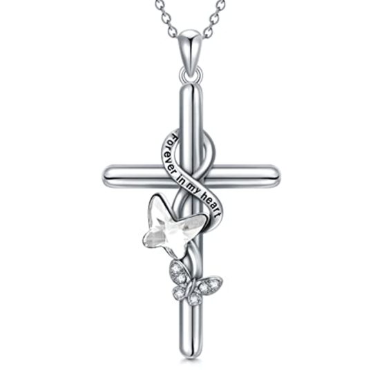 Collana con ciondolo a forma di croce e farfalla in argento sterling