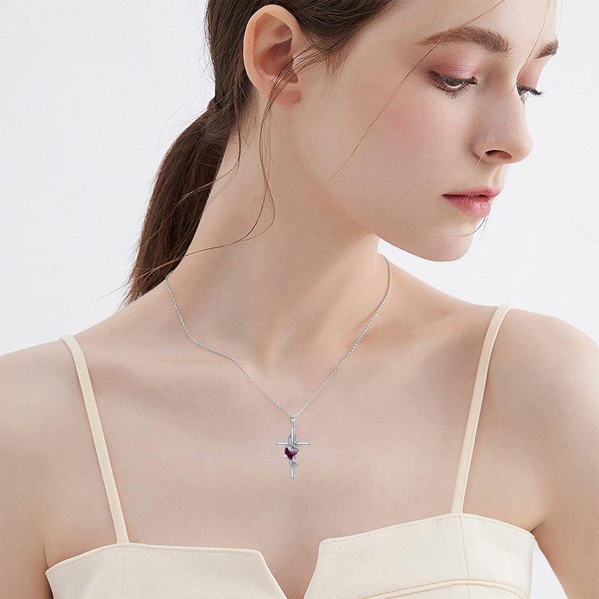 Sterling Silver Crystal Butterfly & Cross Pendant Necklace-2