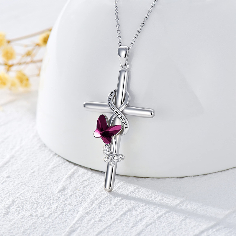 Sterling Silver Crystal Butterfly & Cross Pendant Necklace-3