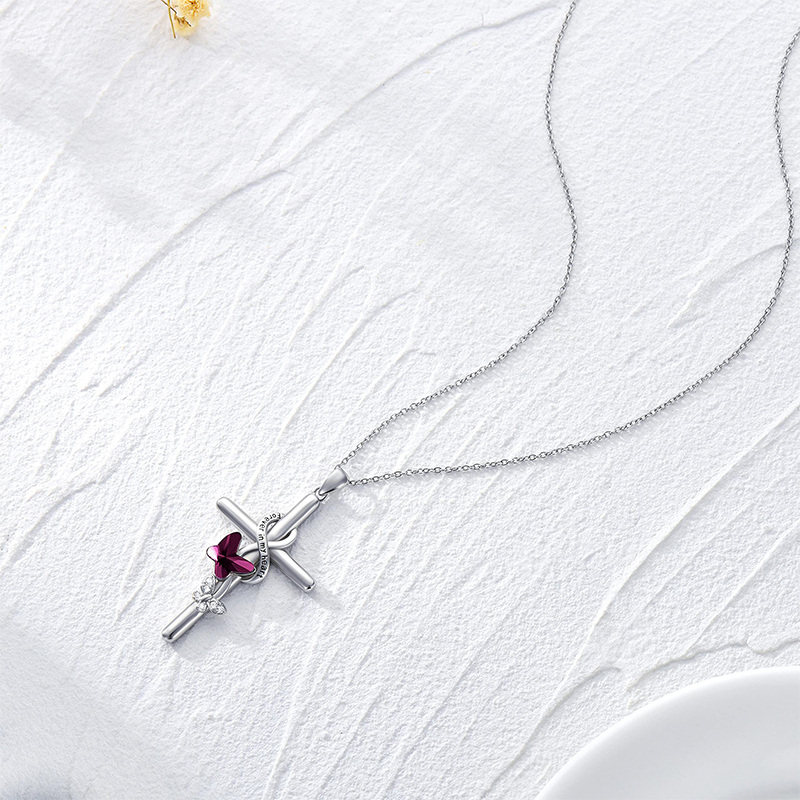 Sterling Silver Crystal Butterfly & Cross Pendant Necklace-4