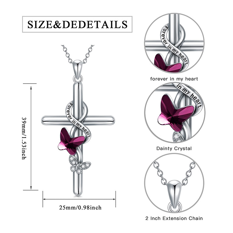 Sterling Silver Crystal Butterfly & Cross Pendant Necklace-5