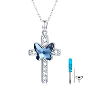 Sterling Silver Crystal Butterfly & Cross Urn Necklace for Ashes-3