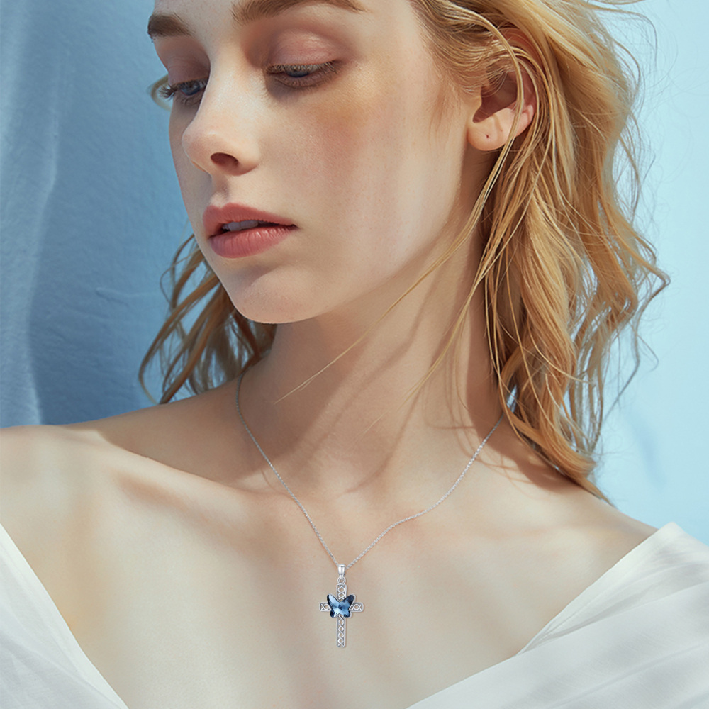 Sterling Silver Crystal Butterfly & Cross Urn Necklace for Ashes-2