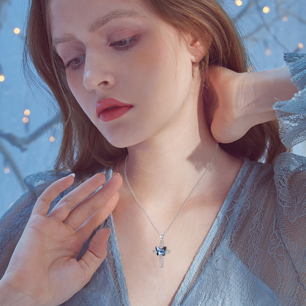 Sterling Silver Crystal Butterfly & Cross Urn Necklace for Ashes-4