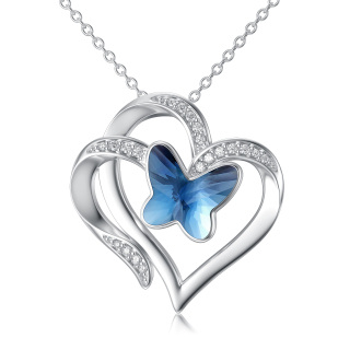 Sterling Silver Crystal Butterfly Double Heart Pendant Necklace-33