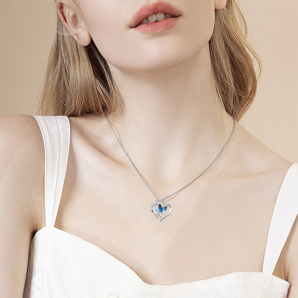 Sterling Silver Crystal Butterfly Double Heart Pendant Necklace-2