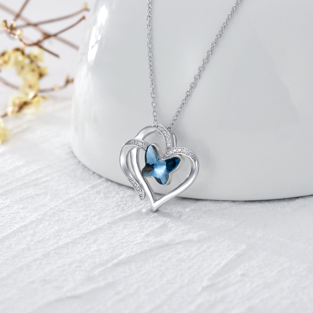 Sterling Silver Crystal Butterfly Double Heart Pendant Necklace-3