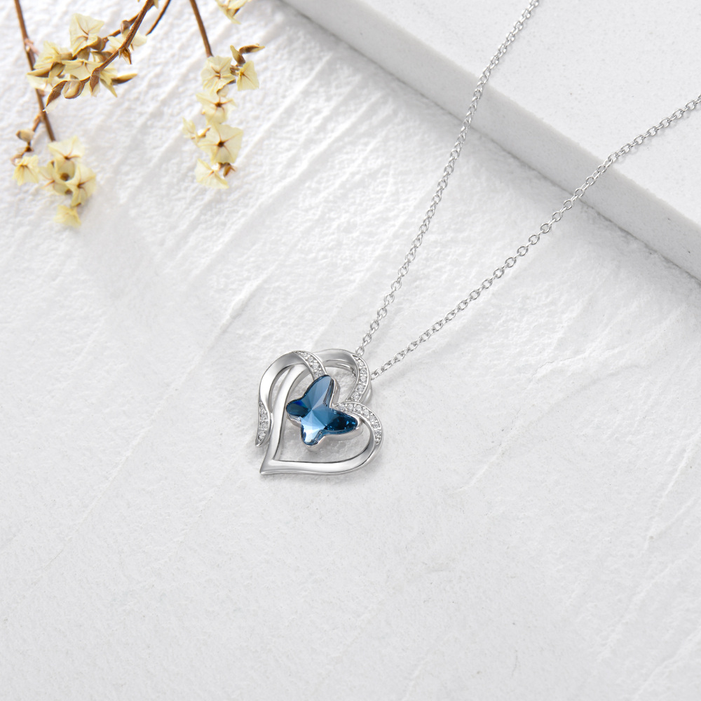 Sterling Silver Crystal Butterfly Double Heart Pendant Necklace-4