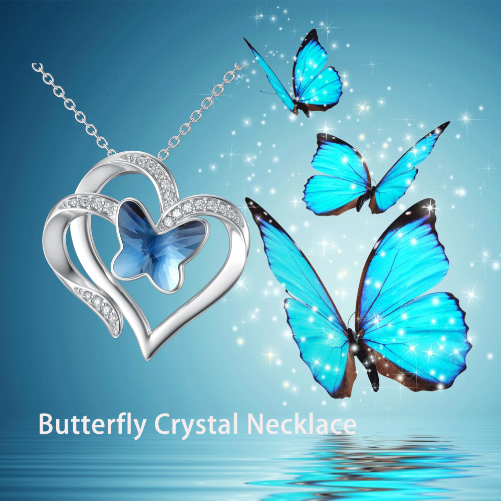 Sterling Silver Crystal Butterfly Double Heart Pendant Necklace-5