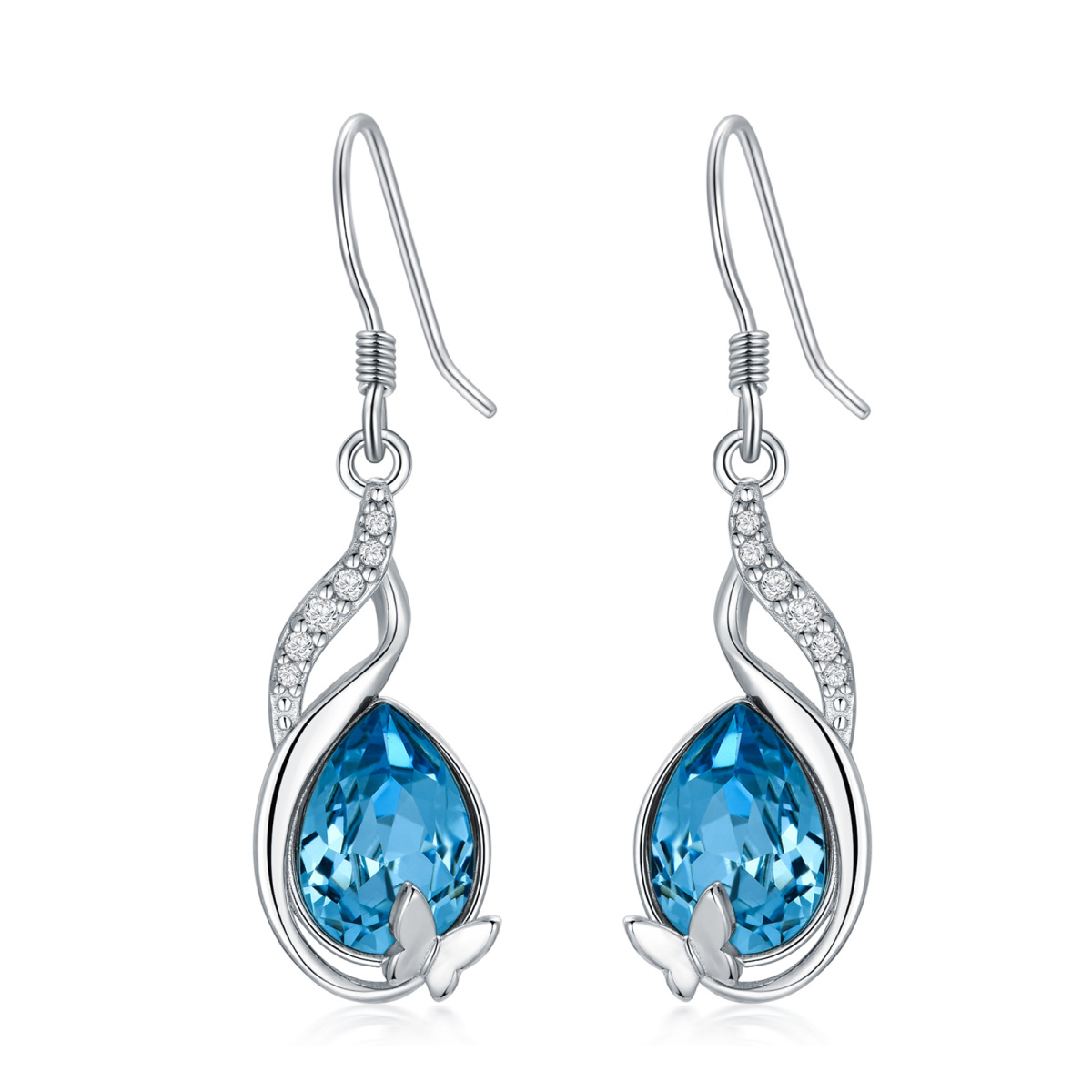 Sterling Silver Crystal Butterfly Drop Earrings-1