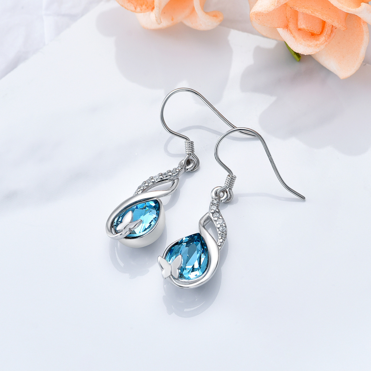 Sterling Silver Crystal Butterfly Drop Earrings-3