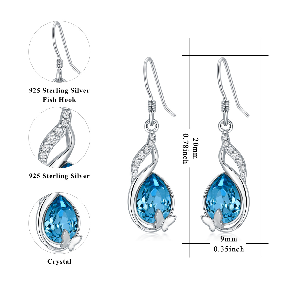 Pendants d'oreilles en argent sterling avec papillon en cristal-5