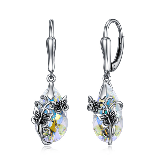 Sterling Silver Crystal Butterfly & Drop Shape Lever-back Earrings-3