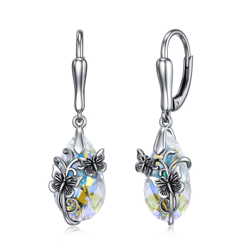 Sterling Silver Crystal Butterfly & Drop Shape Lever-back Earrings-9