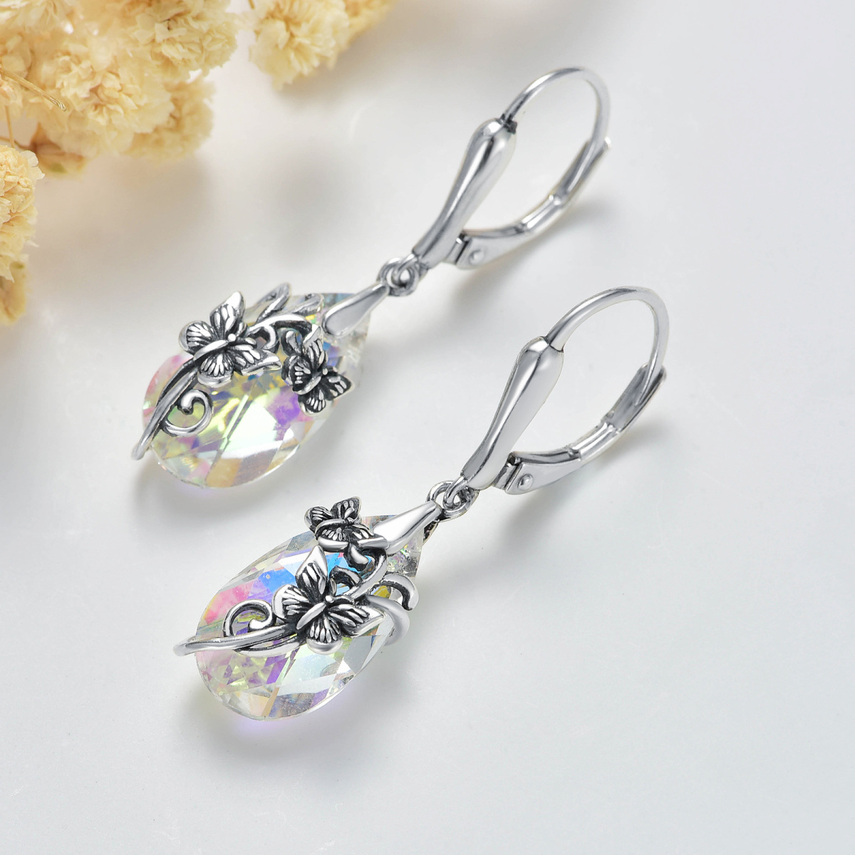 Sterling Silver Crystal Butterfly & Drop Shape Lever-back Earrings-3