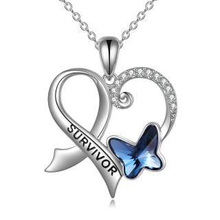 Sterling Silver Crystal Butterfly & Heart Pendant Necklace-3