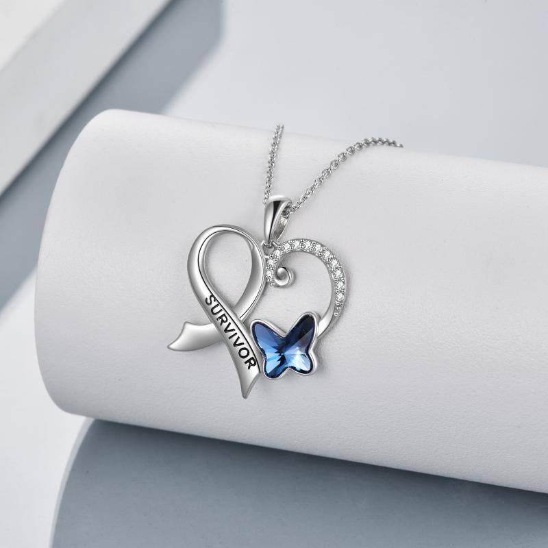 Sterling Silver Crystal Butterfly & Heart Pendant Necklace-3