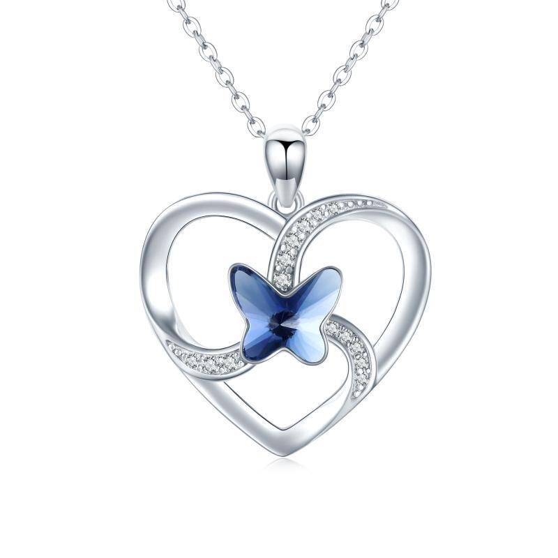 Collier en argent sterling avec pendentif papillon et coeur en cristal-1