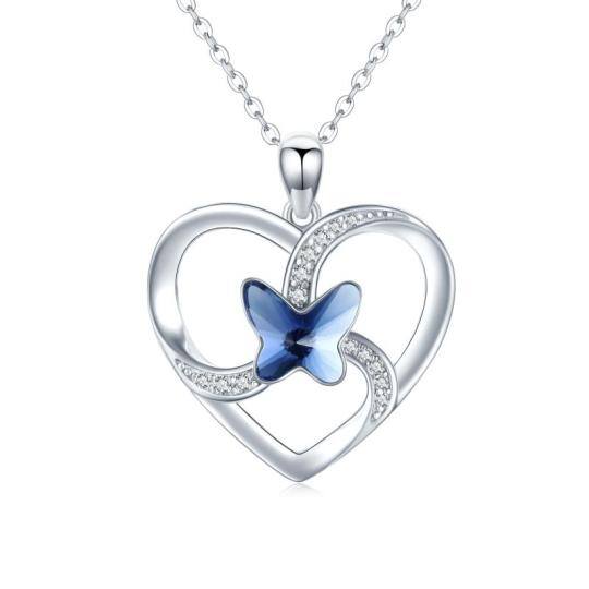 Collier en argent sterling avec pendentif papillon et coeur en cristal