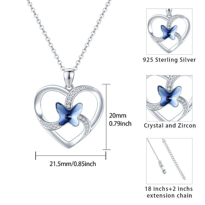 Sterling Silver Crystal Butterfly & Heart Pendant Necklace-4