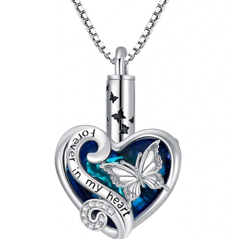 Collar de urna con forma de corazón y mariposa de cristal de plata esterlina para cenizas como recuerdo de cremación-1