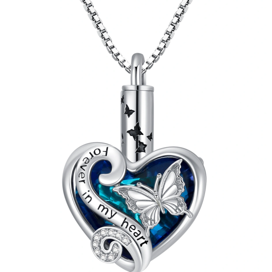 Collana con ciondolo a forma di farfalla in argento sterling con cristalli e cuore per cremazione, per ceneri