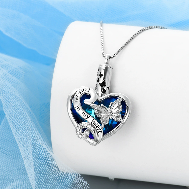 Cremation Keepsake Jewelry Sterling Silver Crystal Butterfly Heart Urn Necklace for Ashes-3