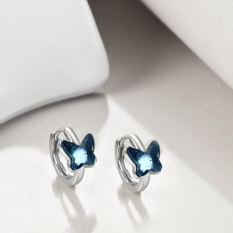 Pendientes de aro de mariposa de cristal de plata de ley-3
