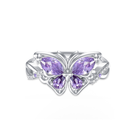 Sterling Silver Crystal Butterfly Open Ring