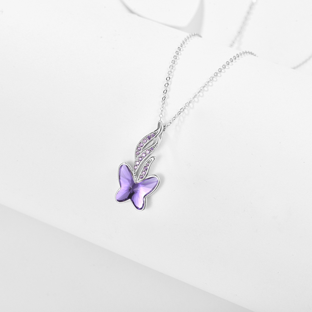 Sterling Silver Crystal Butterfly Pendant Necklace-3