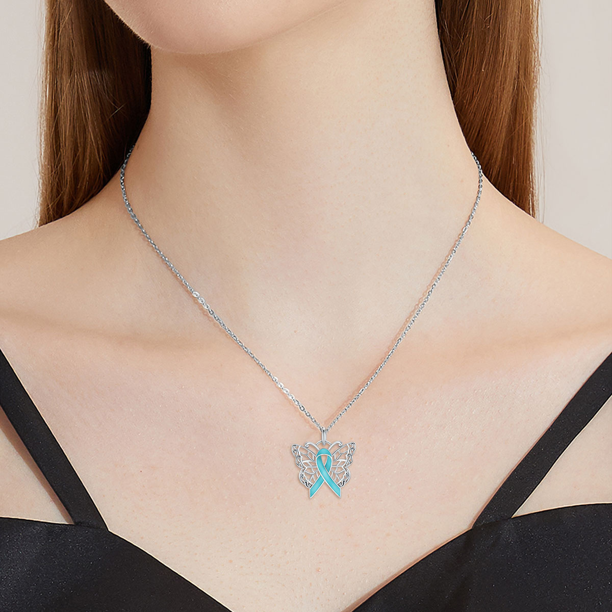 Sterling Silver Crystal Butterfly & Ribbon Pendant Necklace-2