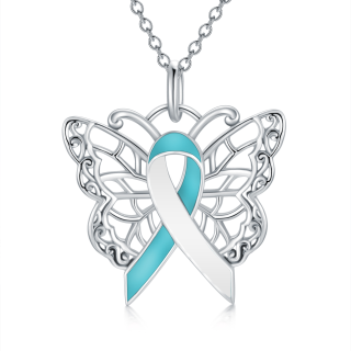 Sterling Silver Crystal Butterfly & Ribbon Pendant Necklace-12