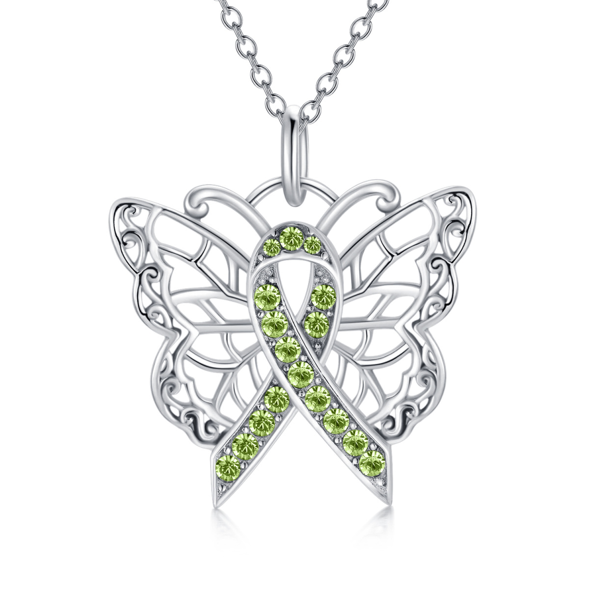 Sterling Silver Crystal Butterfly & Ribbon Pendant Necklace-1