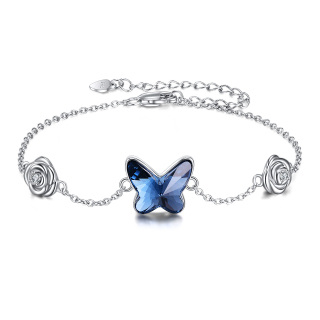 Sterling Silver Crystal Butterfly & Rose Single Layer Anklet-24