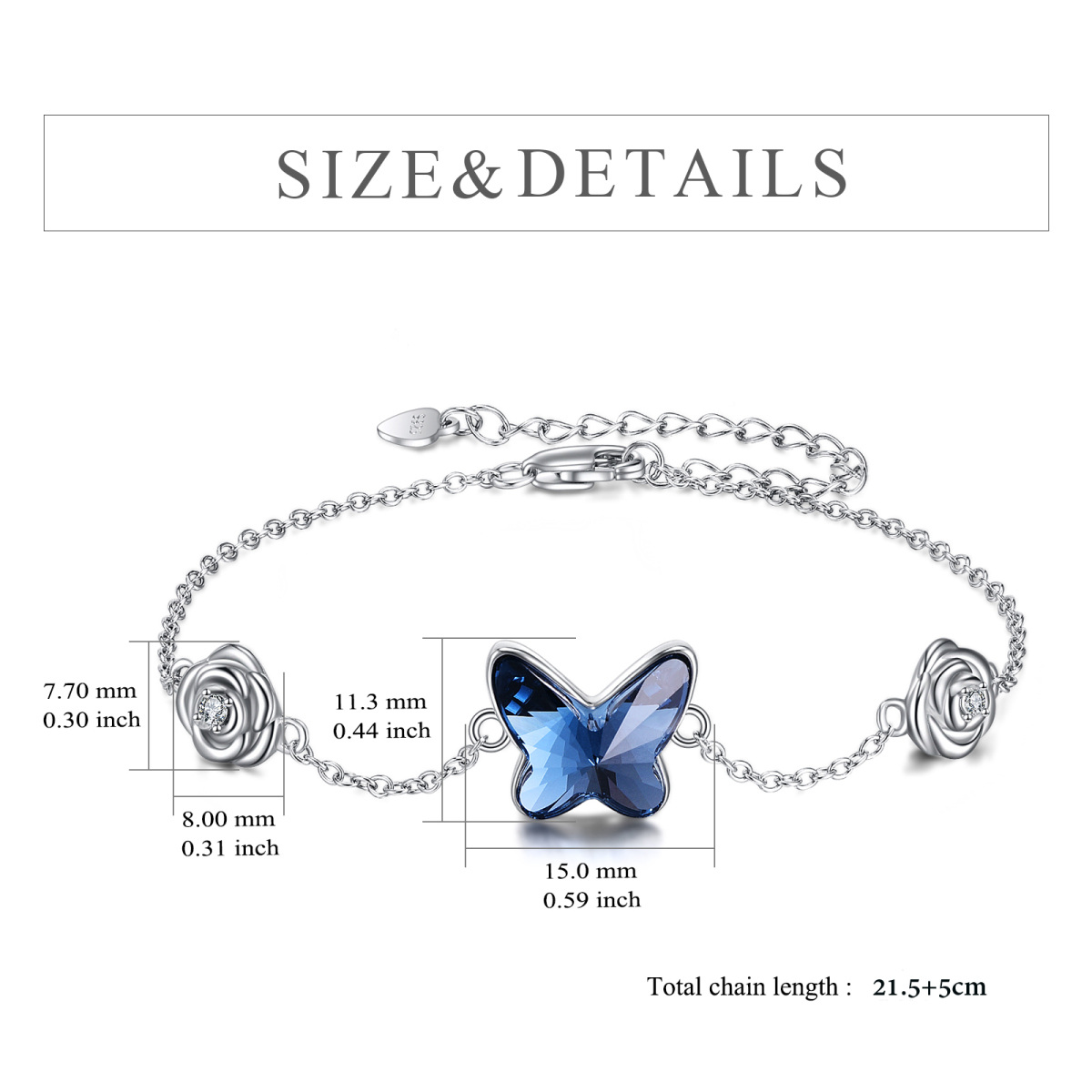 Sterling Silver Crystal Butterfly & Rose Single Layer Anklet-5