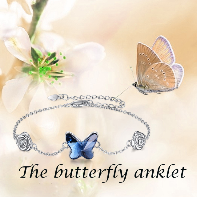 Sterling Silver Crystal Butterfly & Rose Single Layer Anklet-6