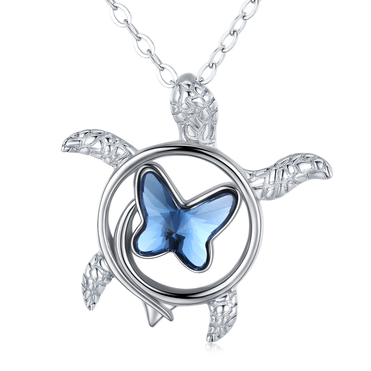 Sterling Silver Crystal Butterfly & Sea Turtle Pendant Necklace-1